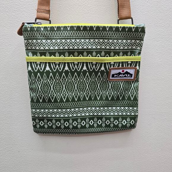 Kavu Women's Geometric Canvas Crossbody Bag Shoulder Olive Green Cream - Picture 1 of 8